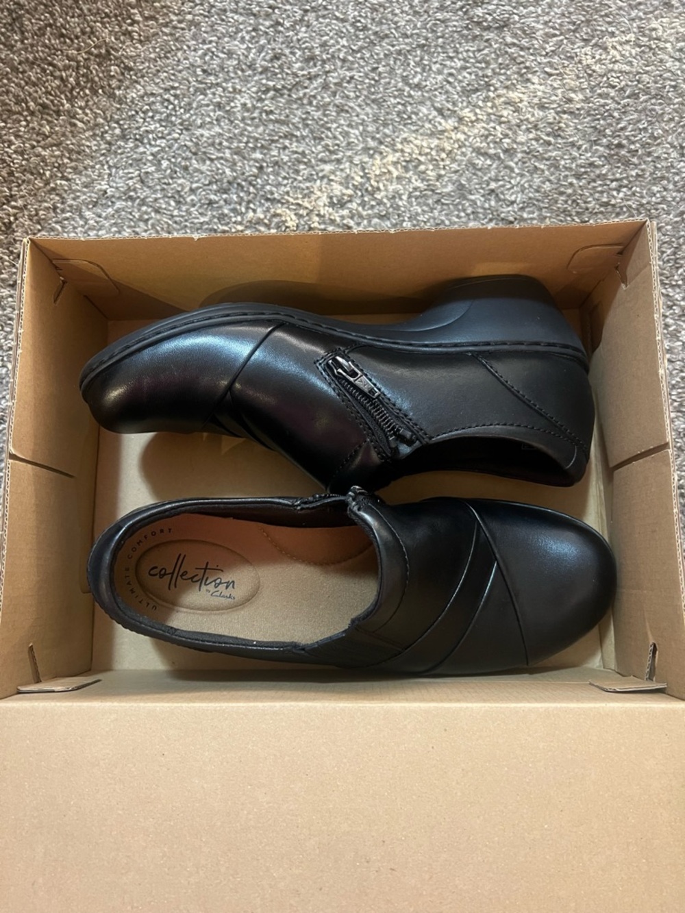 Clarks Black Leather Slip-On Zipper Shoes